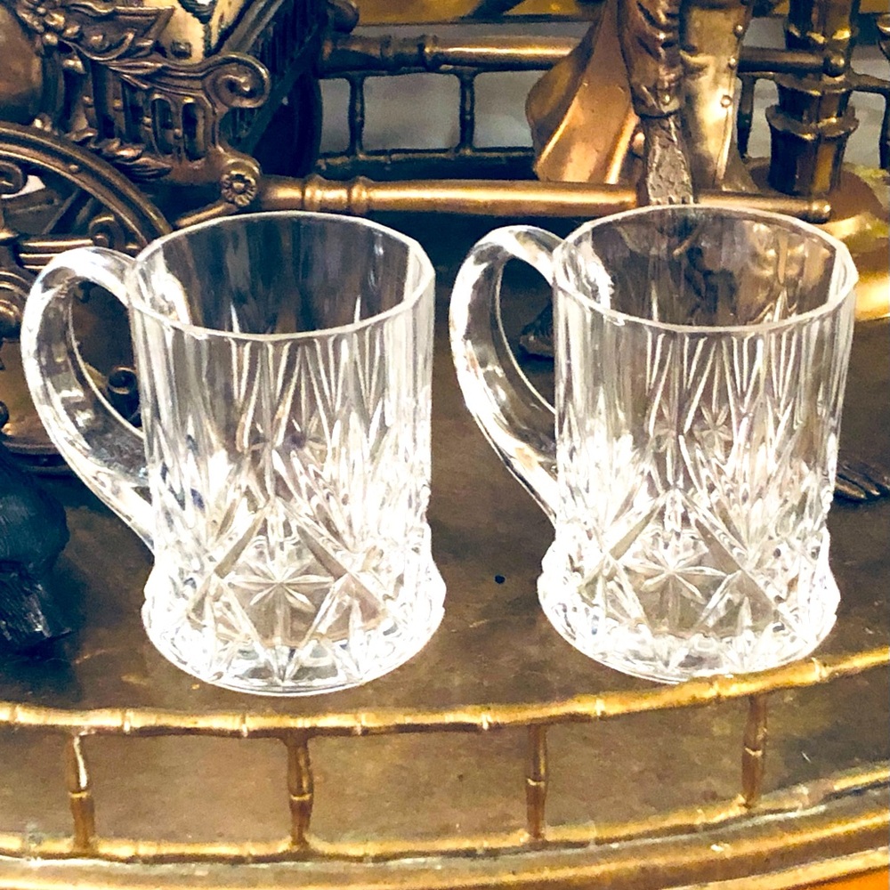 2 Cristal d'Arques France Coffee Cups Tea Mugs Genuine Lead Crystal Ornate 8 oz